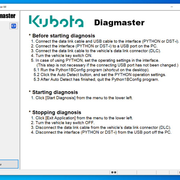 DIAGMASTER 21 11 is a comprehensive diagnostic software used for machinery troubleshooting. It is compatible with various brands including BOBCAT, TAKEUCHI, MANITOU, KUBOTA, and NONSELF. This article provides an overview of its features, installation requirements, and diagnostic capabilities. Each section explores specific functionalities related to different machinery models, ensuring a detailed understanding of the software's applications.