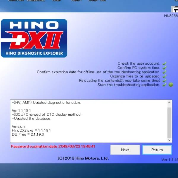 Hino Diagnostic Software DX2 1.1.19 is an advanced tool designed for the diagnosis and reprogramming of Hino vehicles. It simplifies the management of complex electronic systems and enhances the efficiency of repair processes. This software offers various features, including reading diagnostic trouble codes, structured diagnostic procedures, and real-time data simulation. Its capabilities make it essential for technicians looking to optimize vehicle performance and streamline maintenance operations.